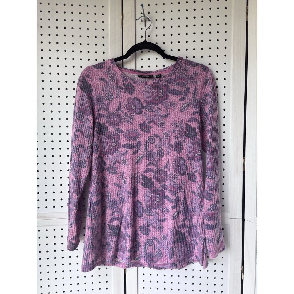 Susan Graver Weekend‎ XS Pink Floral Soft Waffle Long SLV Tee Shirt Poly Rayon